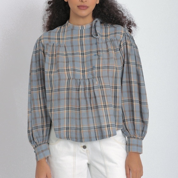 Ulla Johnson / Clarke blue plaid gathered checked cotton voile blouse top 8 - Picture 5 of 9